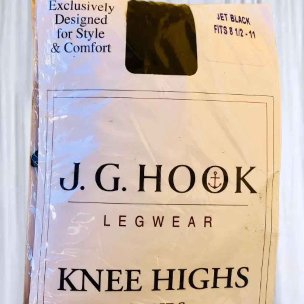 Vintage J.G. Hook Nylon KNEE HIGH Stockings Jet Black Lot of 3 Pairs New